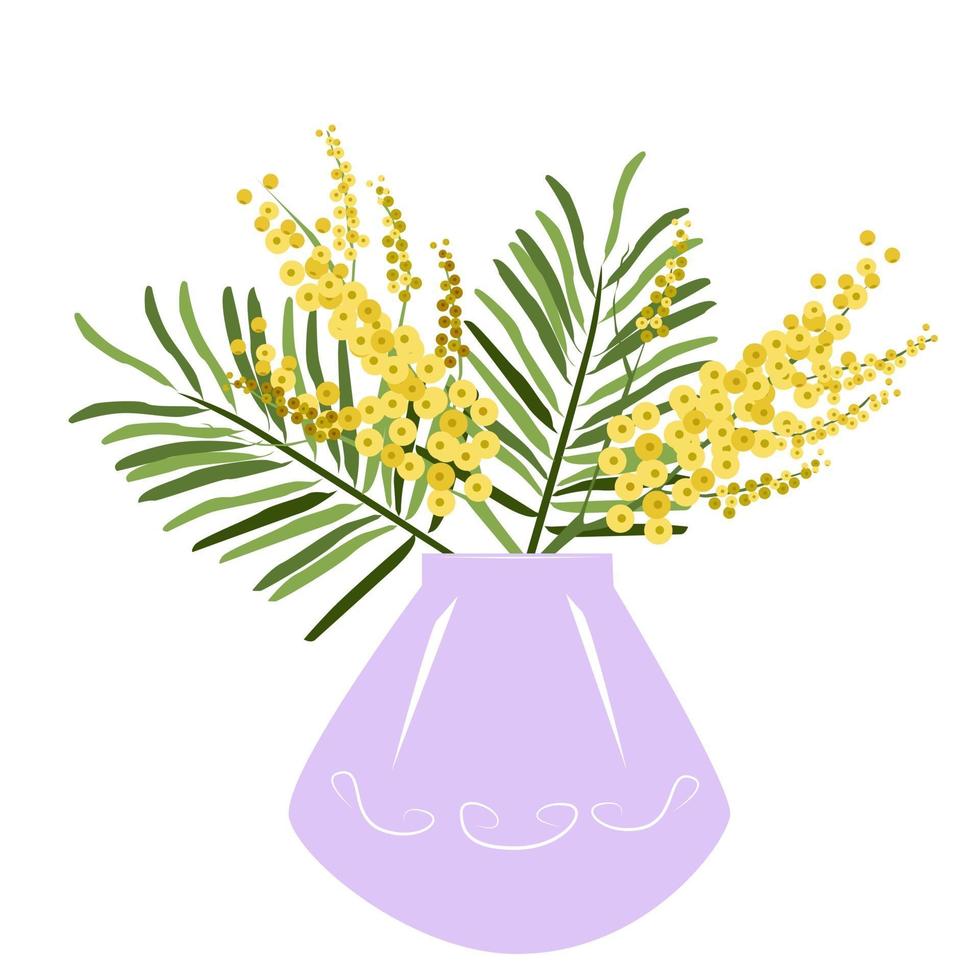 mimosas amarillas en un jarrón lila vector