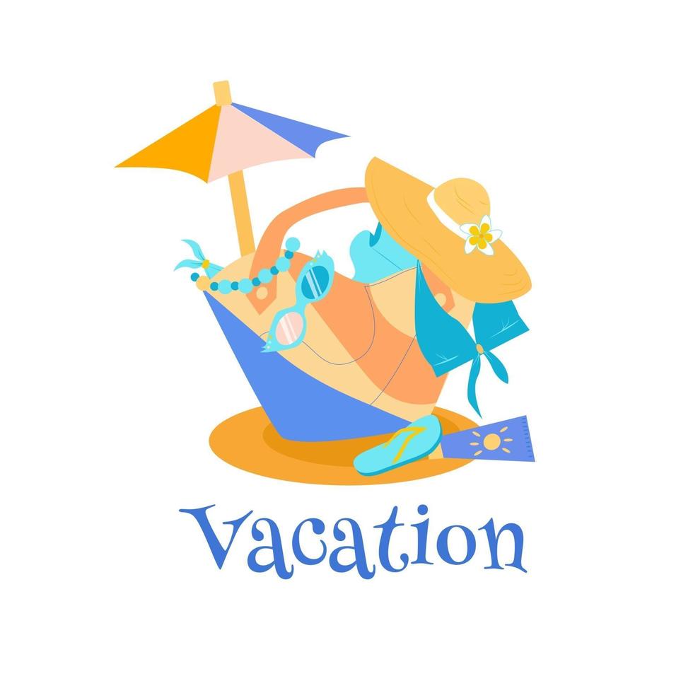 bolsa de playa con objetos de vacaciones vector