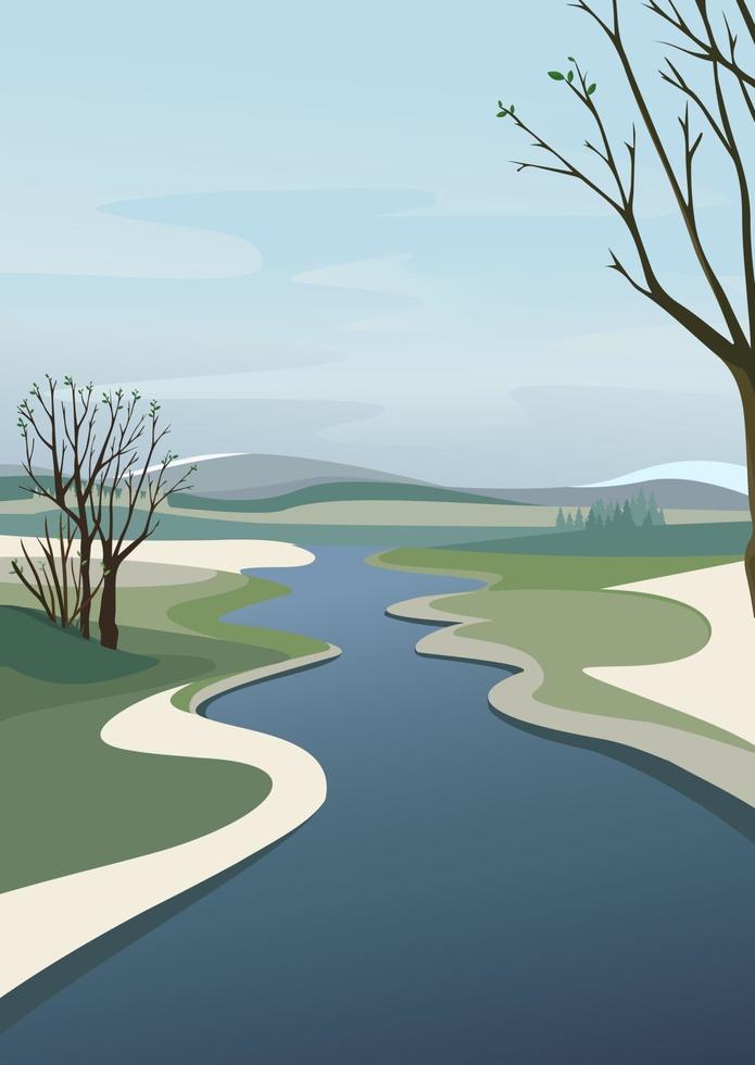 River going over horizon. Spring landscape in vertical orientation. vector