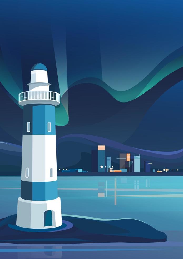 Lighthouse on background of night city vector