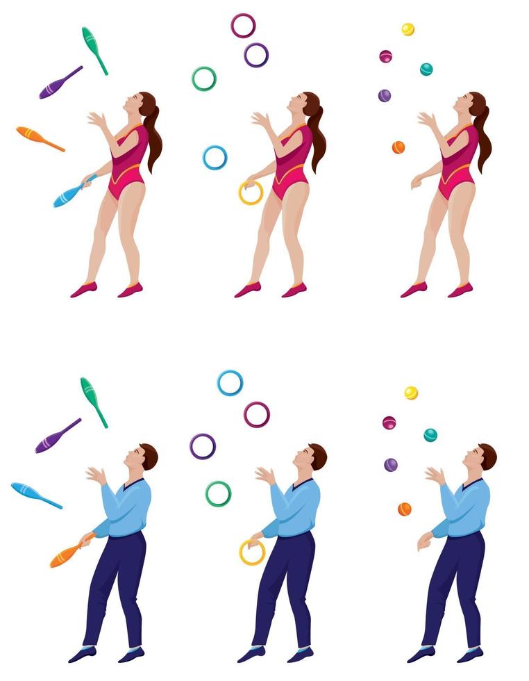Jugglers with clubs, rings and balls set vector