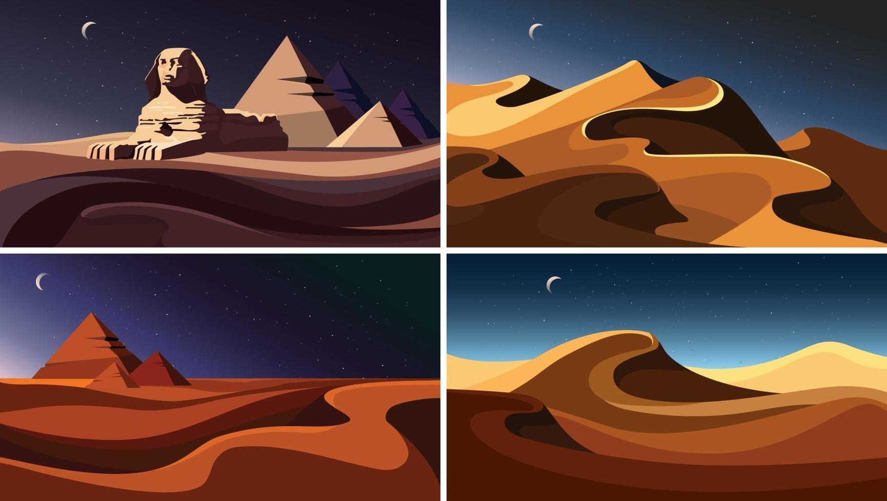 Set of night desert landscapes. vector