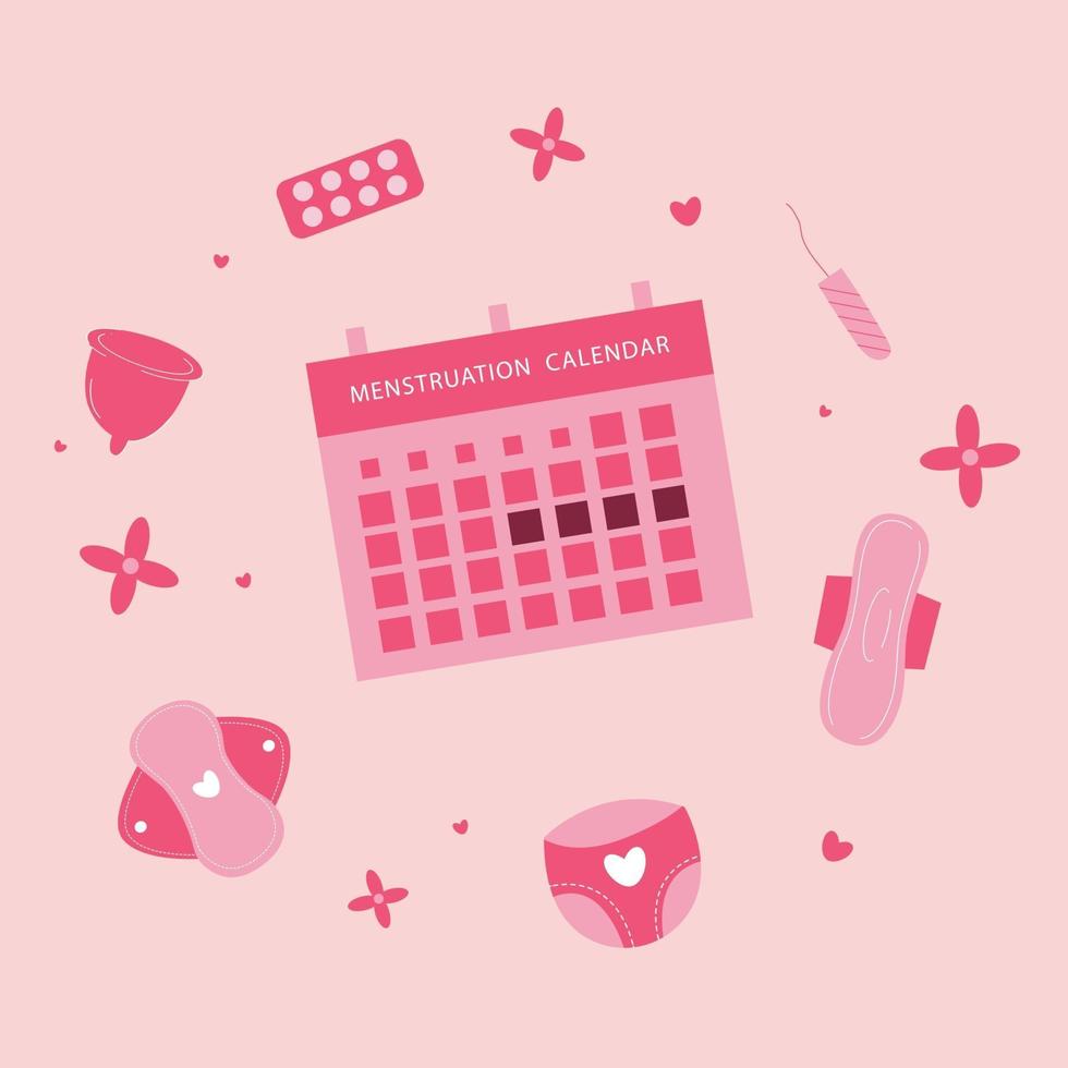 Menstruation calendar with hygiene kit collection vector