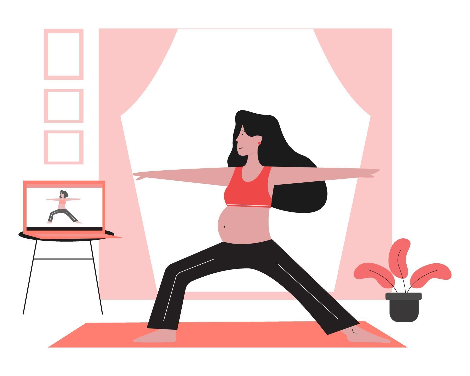 Pregnant woman taking online pregnancy yoga class. 2204018 Vector Art