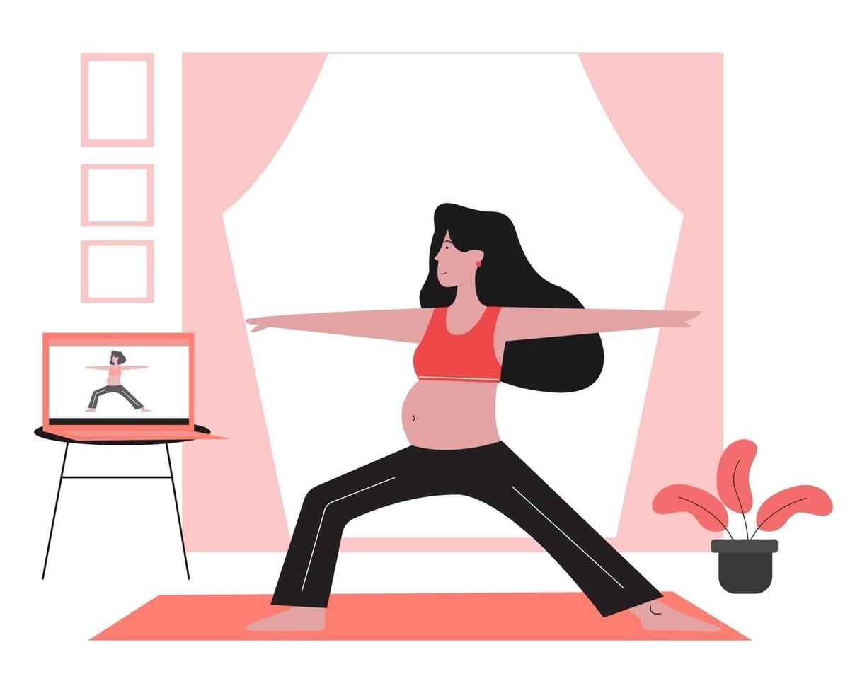 Pregnant woman  taking online pregnancy yoga class. vector