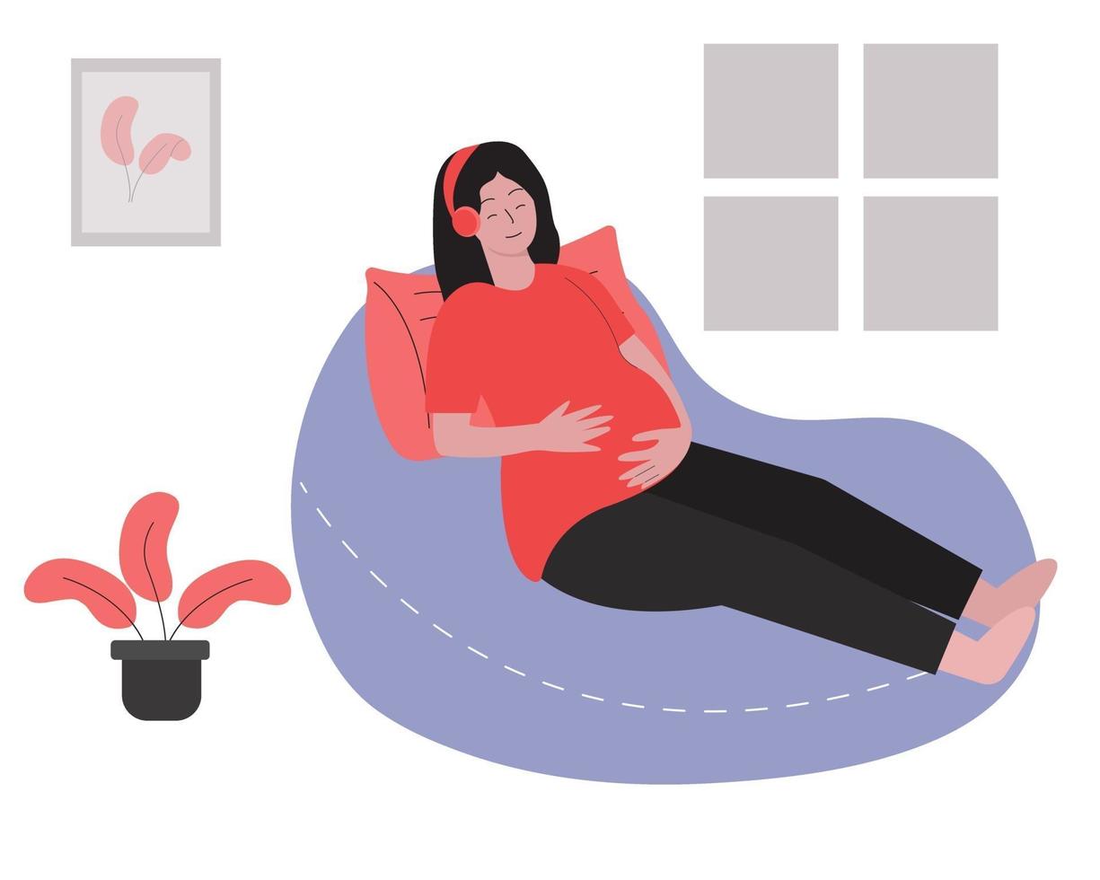 Pregnant woman relaxing and listening to music vector