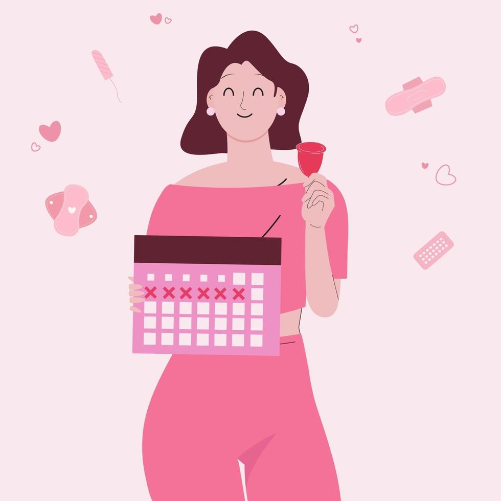 Woman period day concept. Woman holding calendar and menstrual cup. vector