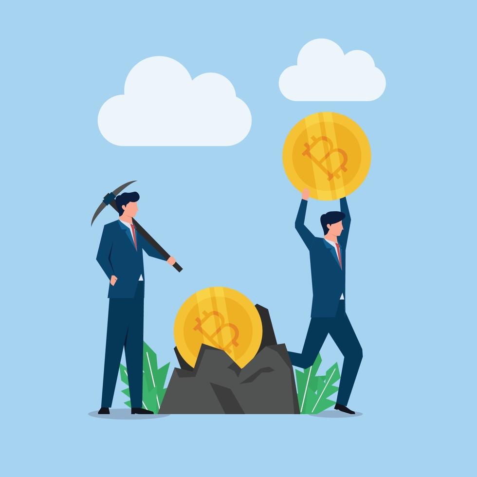 Man stands with pickaxe while another brings crypto coin, metaphor of mining. vector