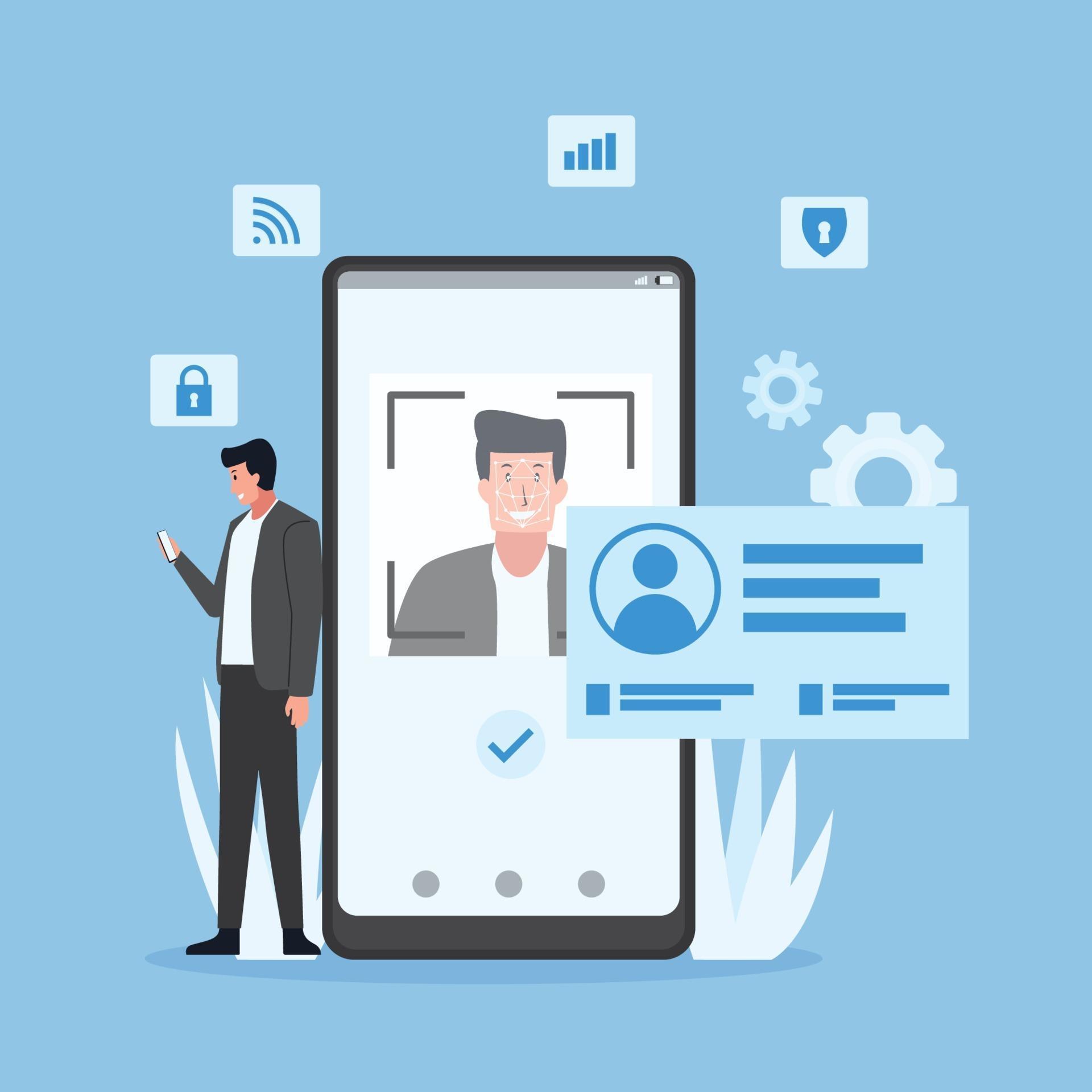 Man holds phone with face recognition. 2204144 Vector Art at Vecteezy