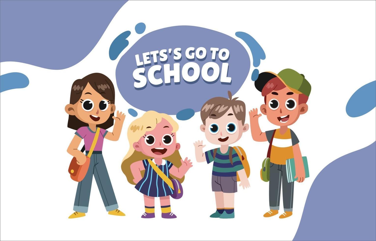 Four Students Stands Together Going to School vector