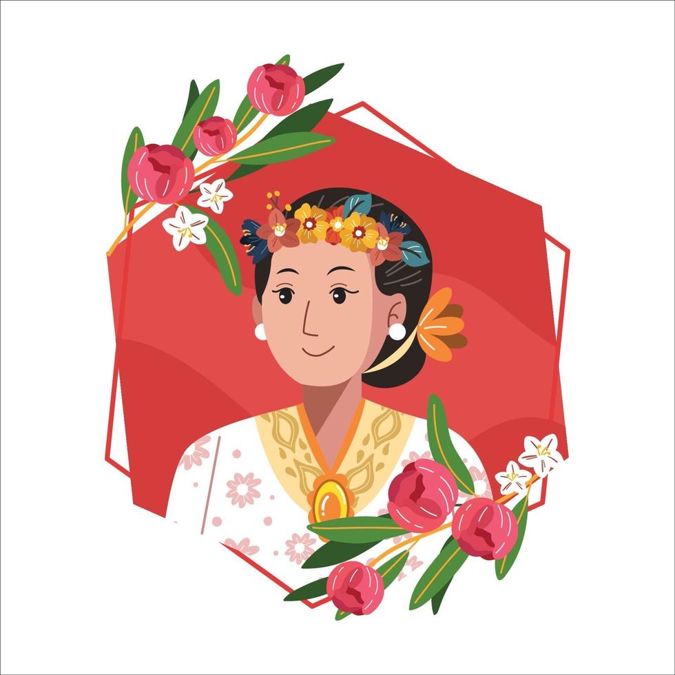 Kartini Portrait With Flower Crown And Floral Wreath vector