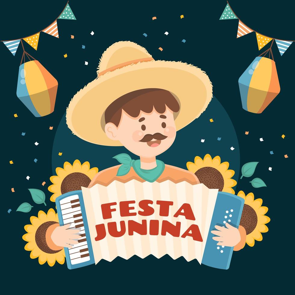 A Young Man Wearing Sombrero Playing Accordion vector