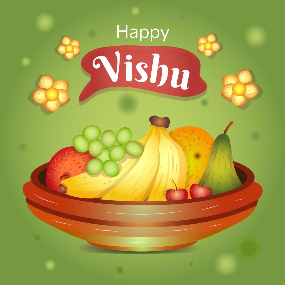 Happy Vishu with Fruits and Flowers vector