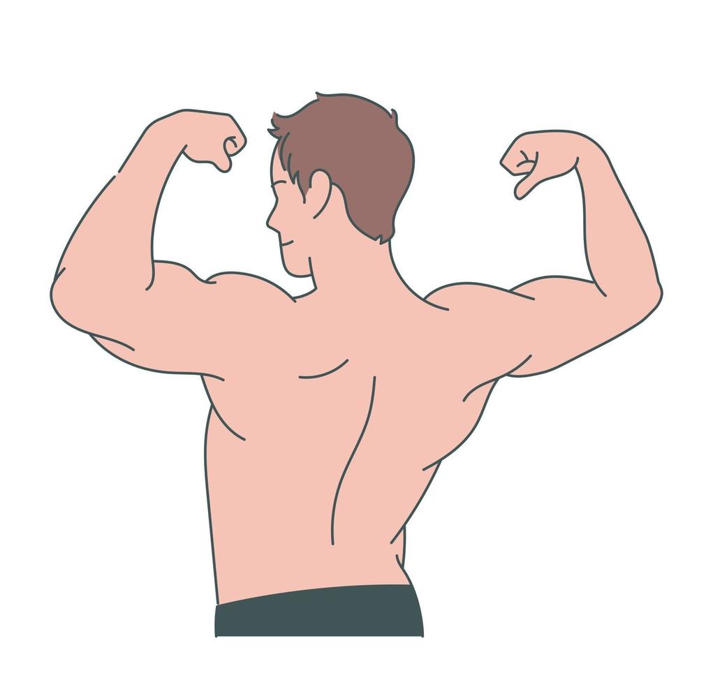 A man is raising his muscular arm. Hand drawn style vector design illustrations.