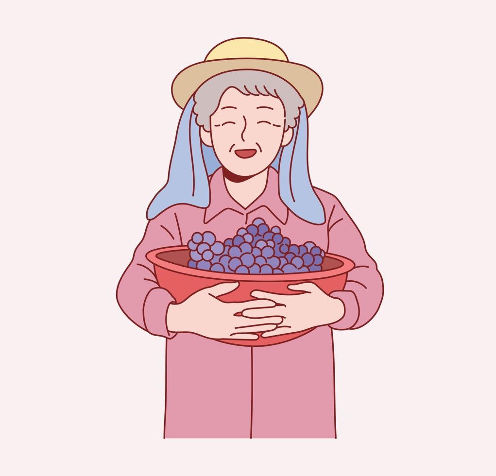 An old woman farmer is standing with vegetables. Hand drawn style vector design illustrations.