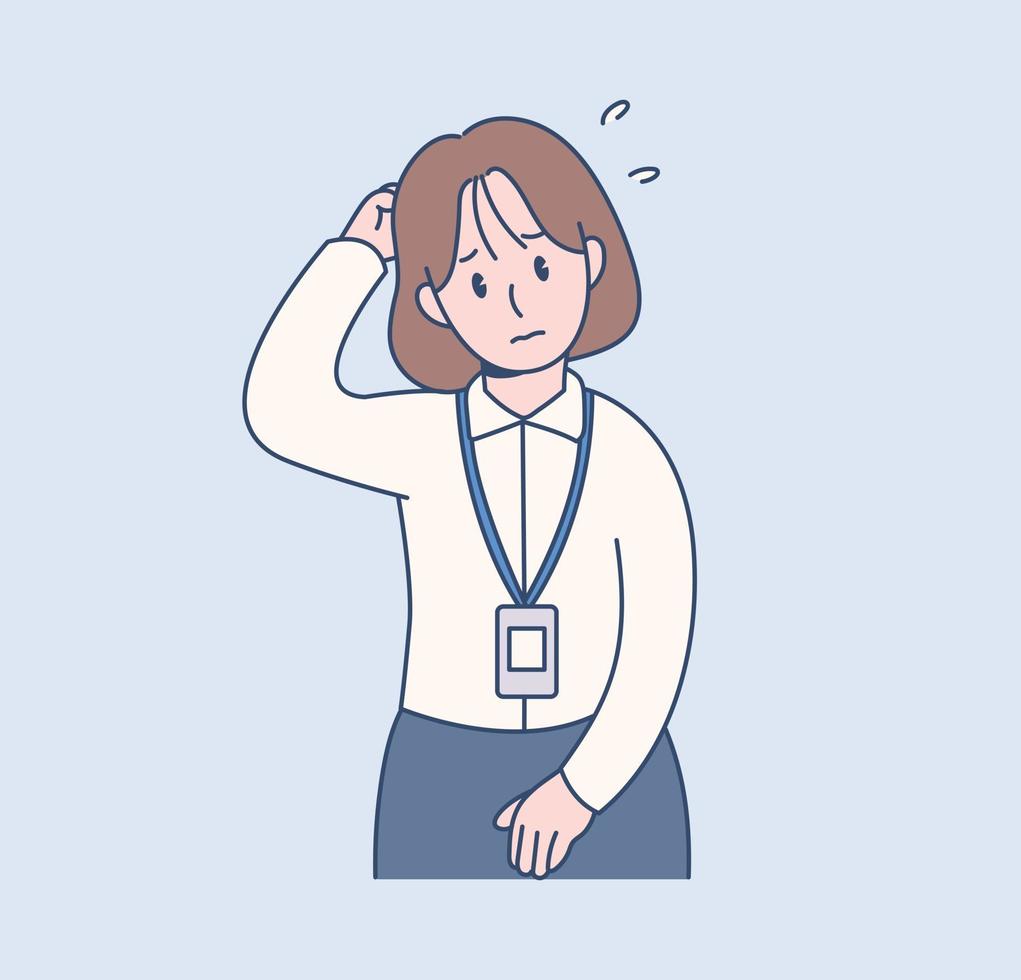 A female office worker has a embarrassed expression. Hand drawn style vector design illustrations.