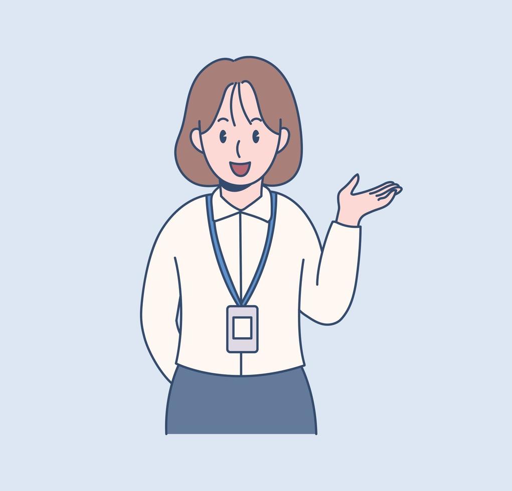 A female office worker raises her hand and introduces something. Hand drawn style vector design illustrations.