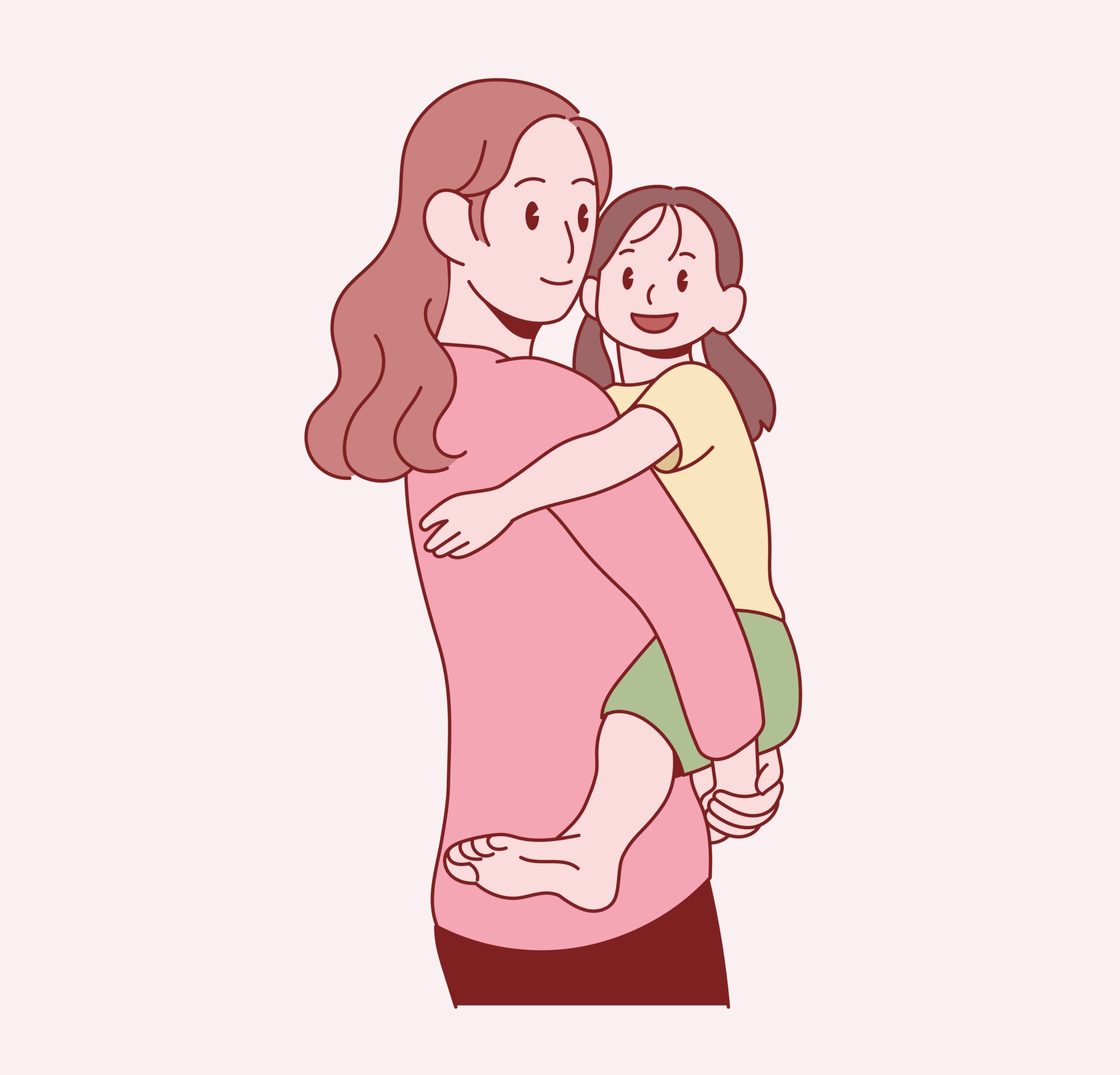 The mother is hugging her young daughter. Hand drawn style vector