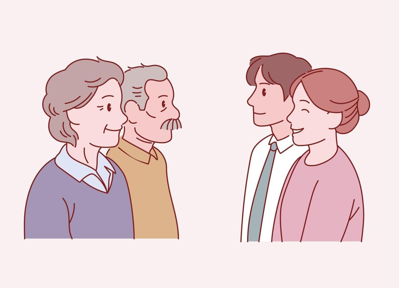 Older parents and a young couple stand facing each other. Hand drawn style vector design illustrations.