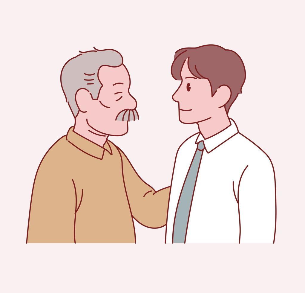 An old father and a young son stand facing each other. Hand drawn style vector design illustrations.