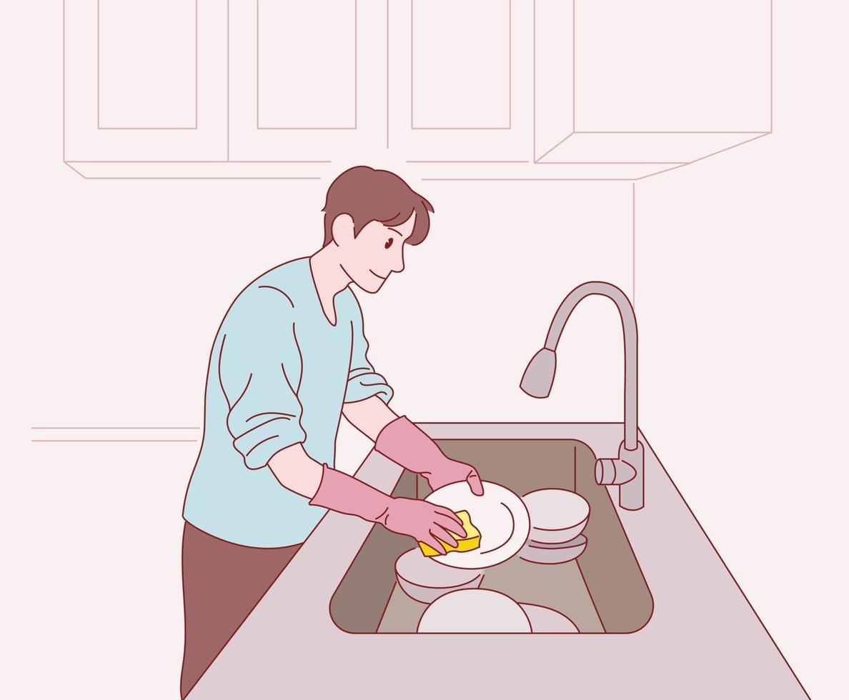 A man is washing the dishes. Hand drawn style vector design illustrations.