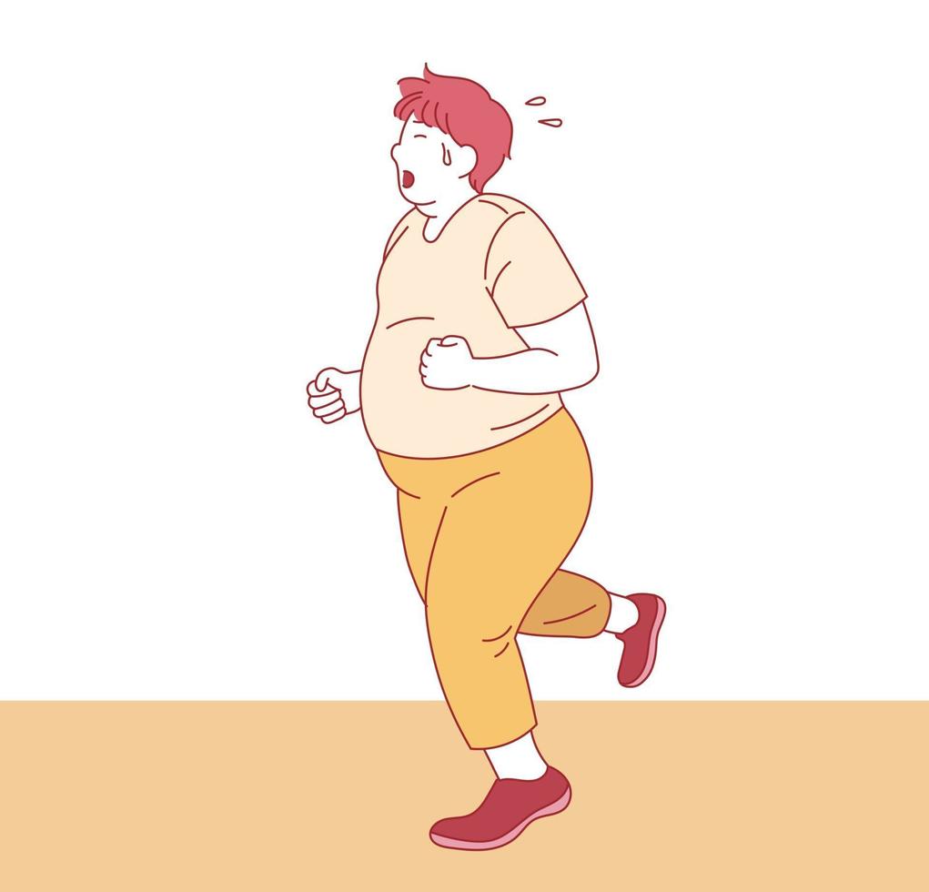 Fat person is running for weight loss. Hand drawn style vector design illustrations.