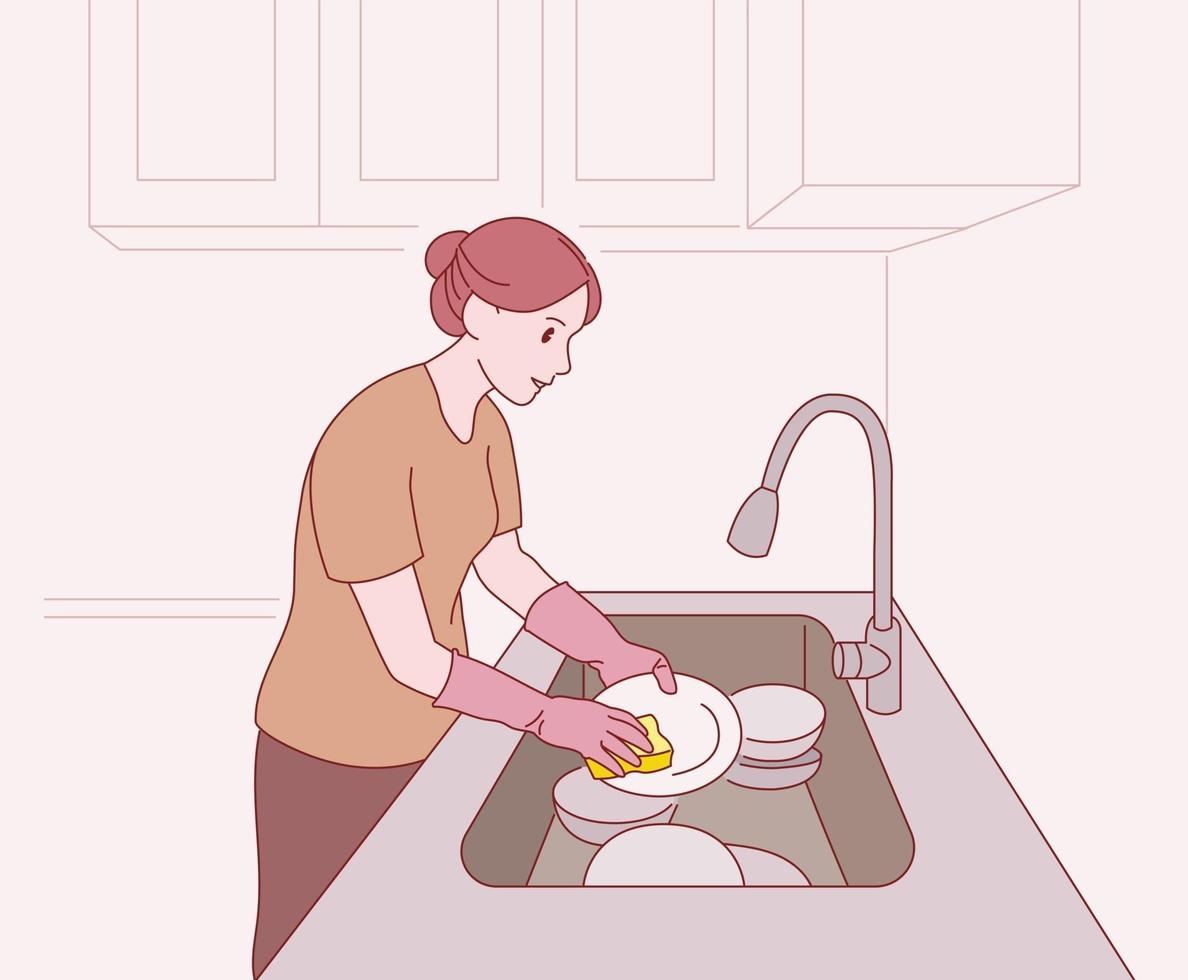 A woman is washing the dishes. Hand drawn style vector design illustrations.