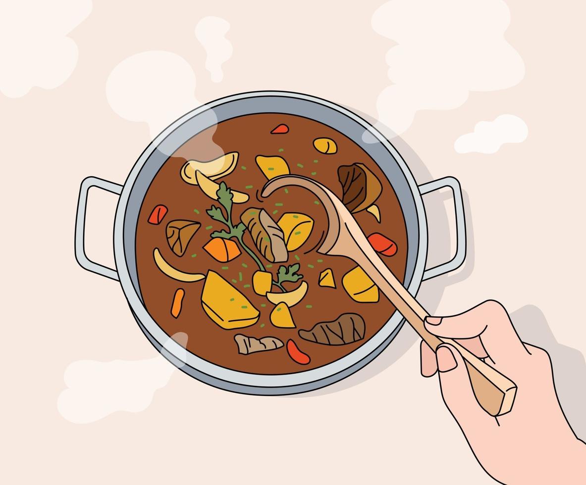 A hand holding a Korean traditional stew with a ladle. Hand drawn style vector design illustrations.