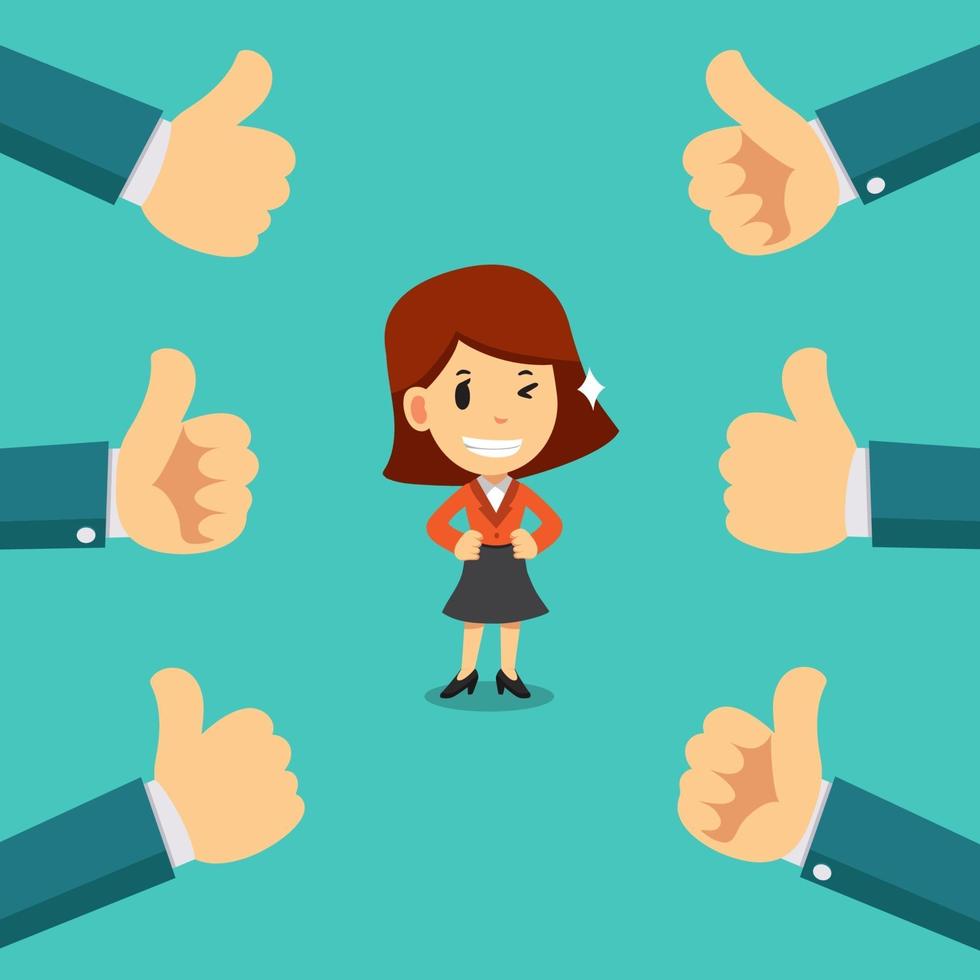 Vector cartoon happy businesswoman with many thumbs up hands