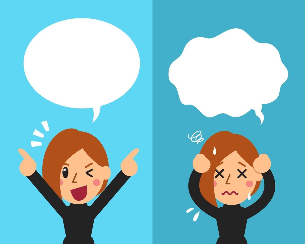 Vector cartoon woman expressing different emotions with speech bubbles