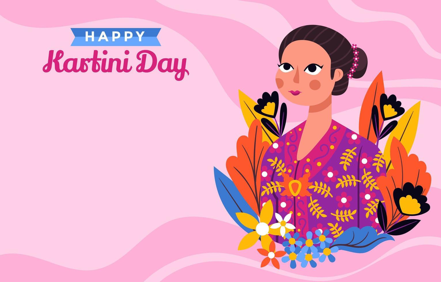 Kartini Near Flowers and Pink Patterns Backgroun vector