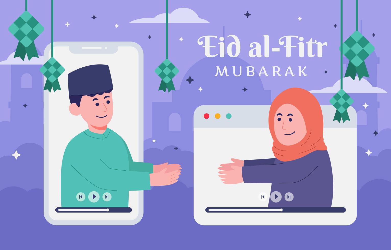 eid mubarak en línea con amigos vector