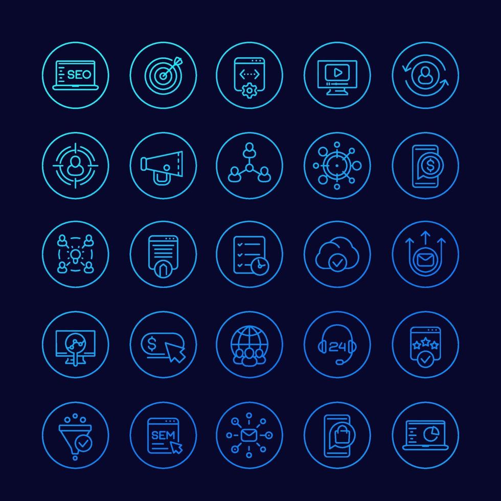seo and digital marketing icons, linear set vector