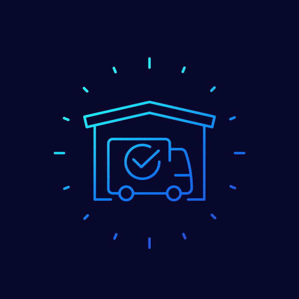 warehouse and van, delivery completed icon, linear vector