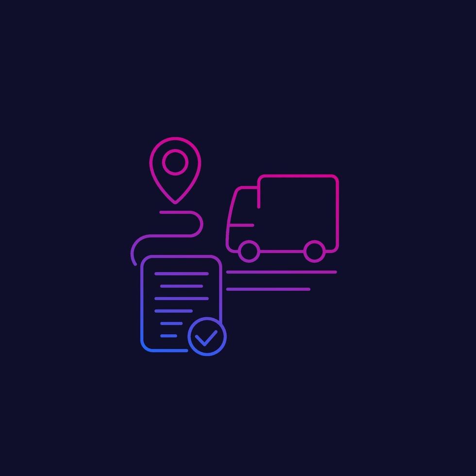 delivery service icon, transport van and destination, linear vector