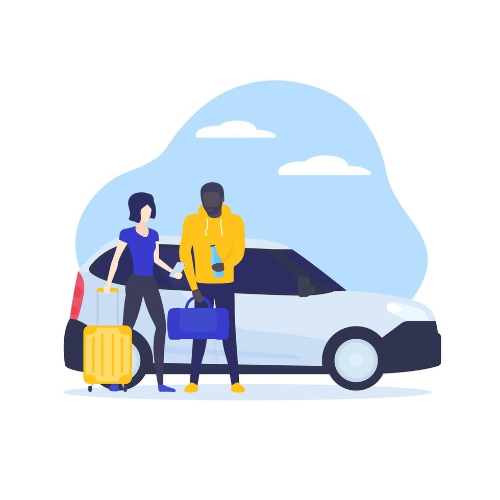 pareja que viaja usando la aplicación de uso compartido de automóviles, vector