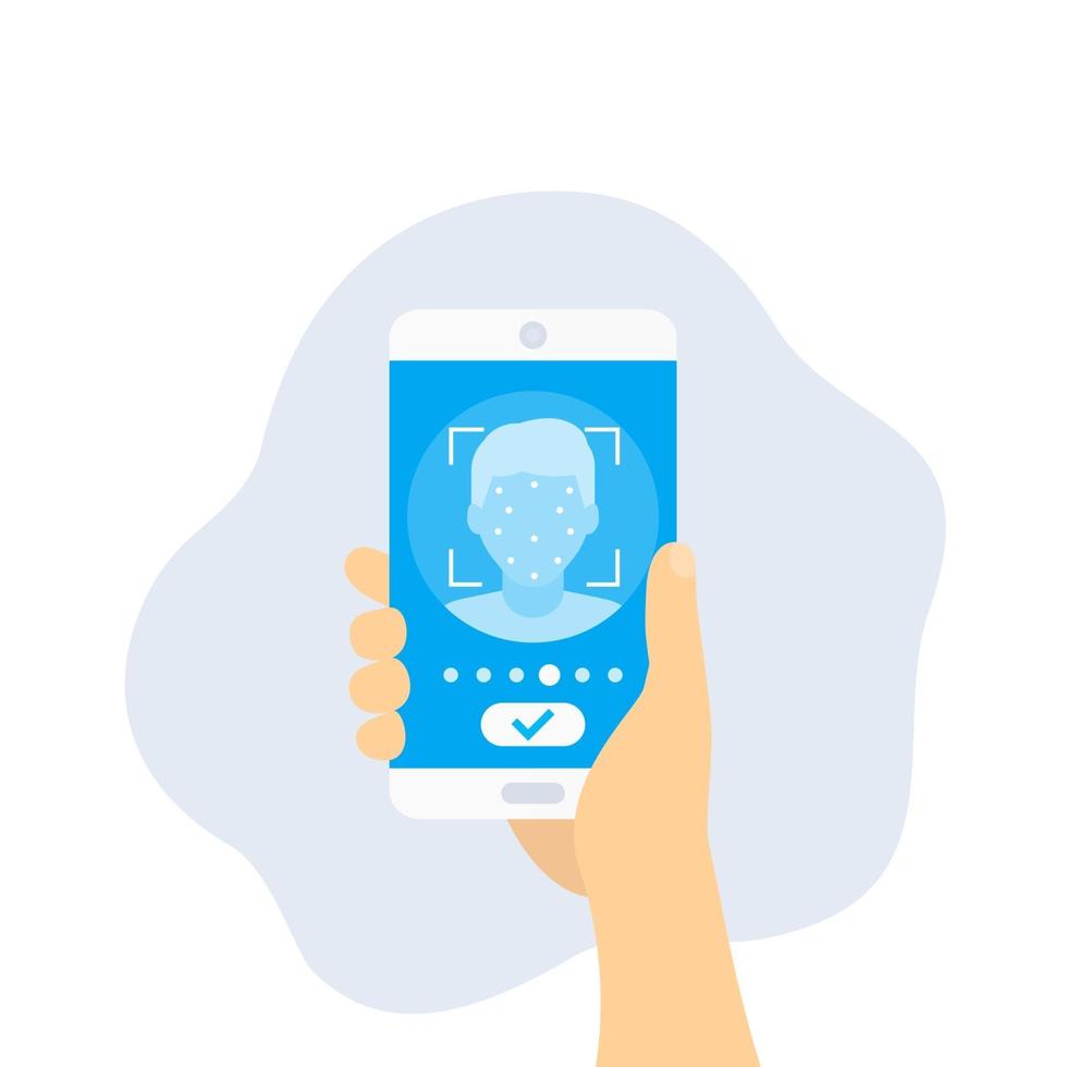 reconocimiento facial, identificación, smartphone en mano, vector