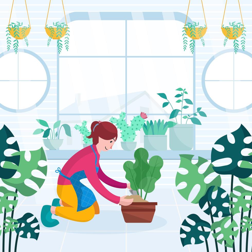 mujer cuidando plantas en concepto de hogar vector