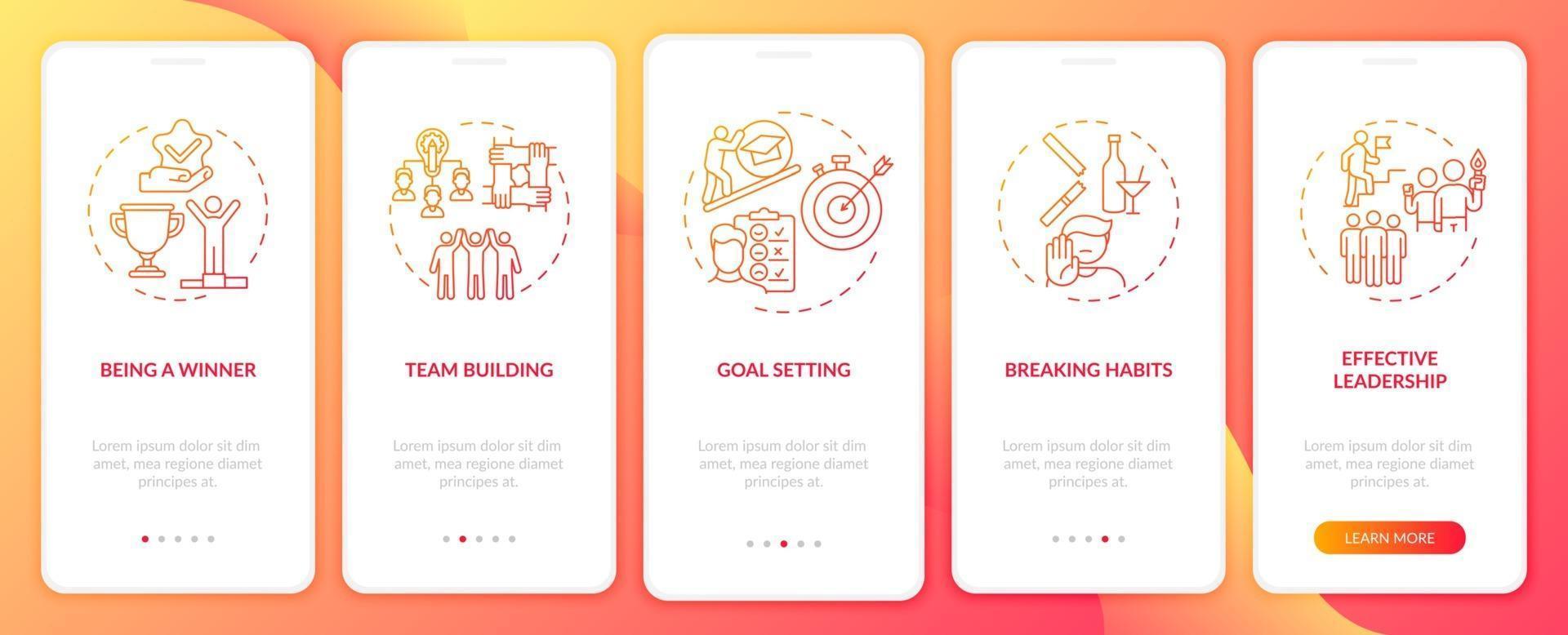 Motivational content types onboarding mobile app page screen with concepts vector