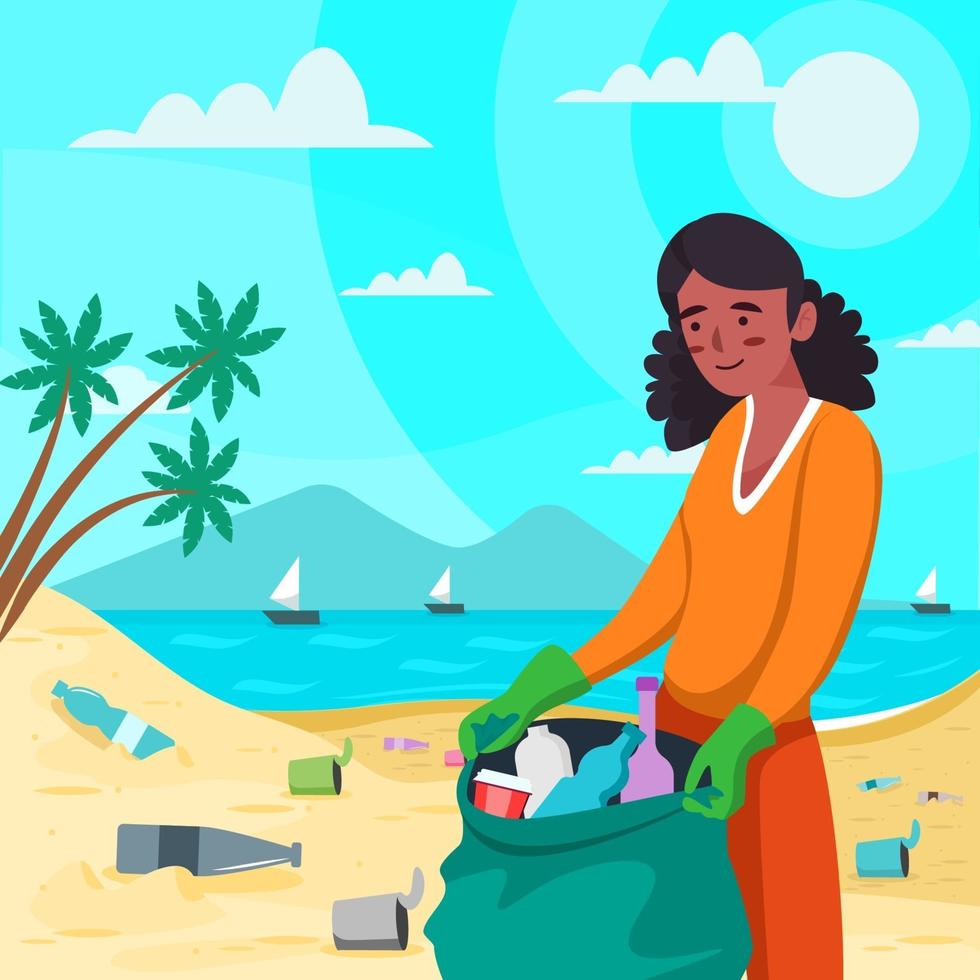 mujer limpia playa de basura vector