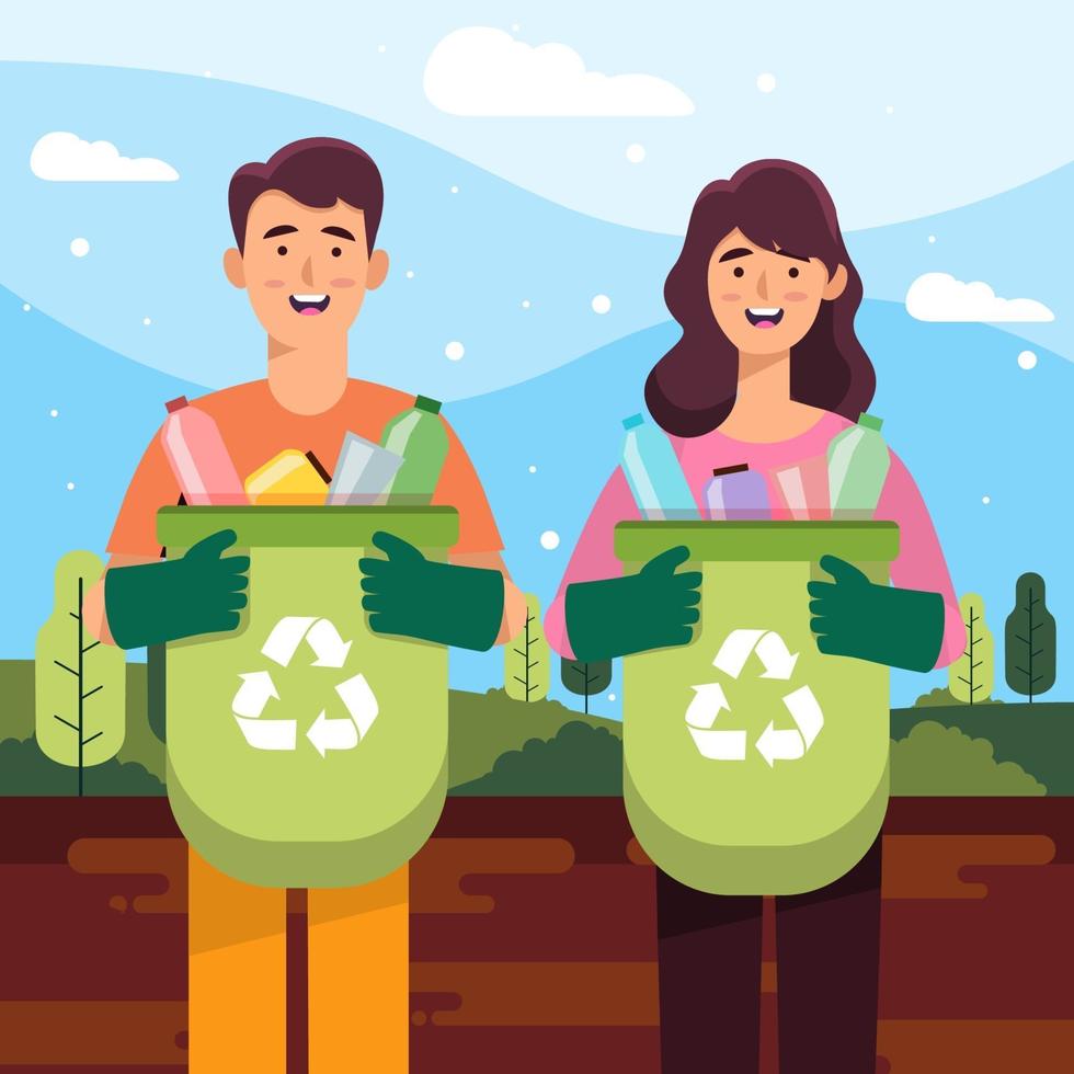 Man and Woman Collect Trash To Save Earth vector