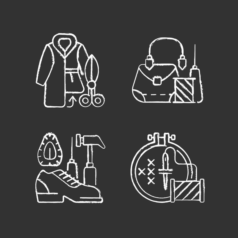 Clothes repair chalk white icons set on black background vector