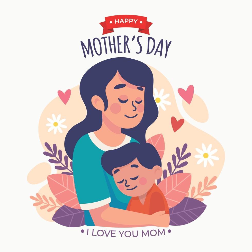 Mothers Day Concept With Mother Hugging Her Son vector