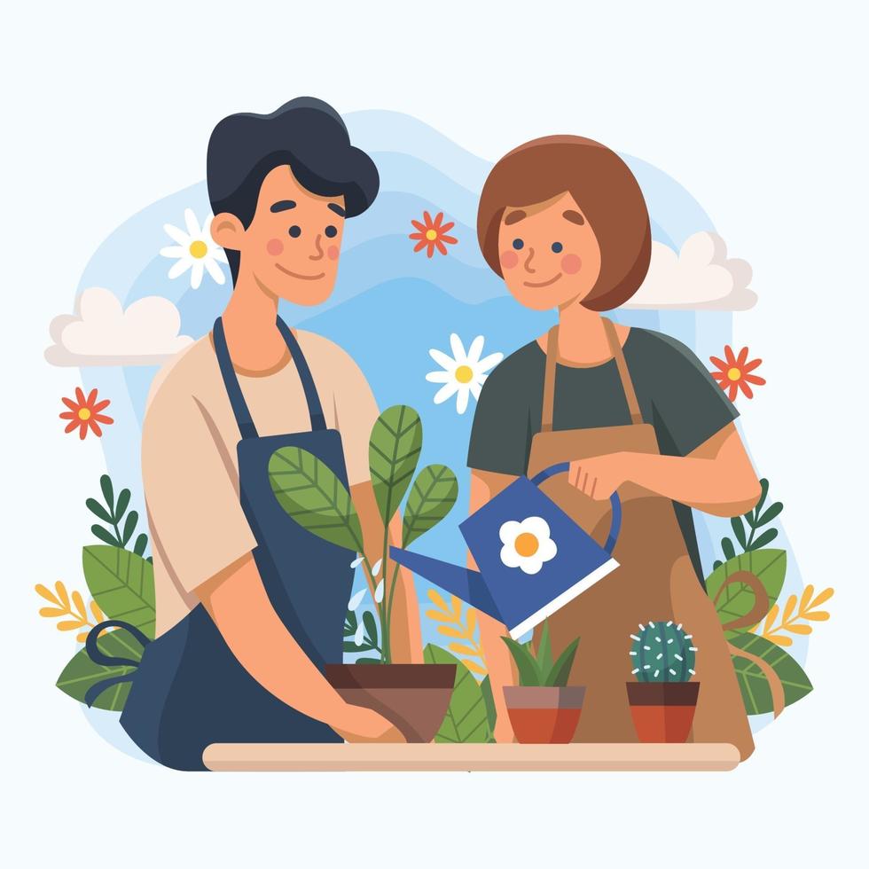 A Couple Enjoy Planting And Gardening vector