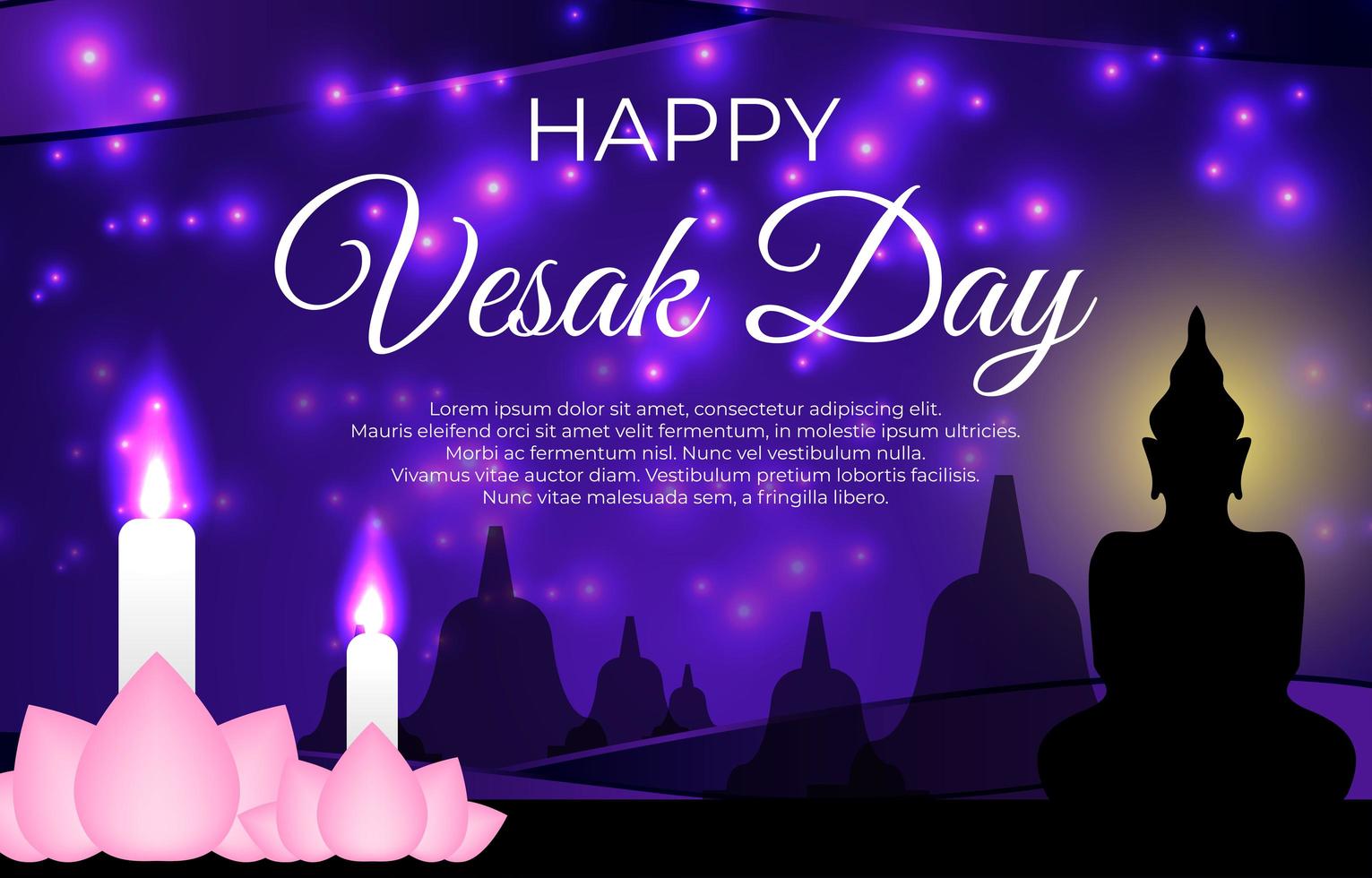 saludos del día vesak con flor de loto y vela vector