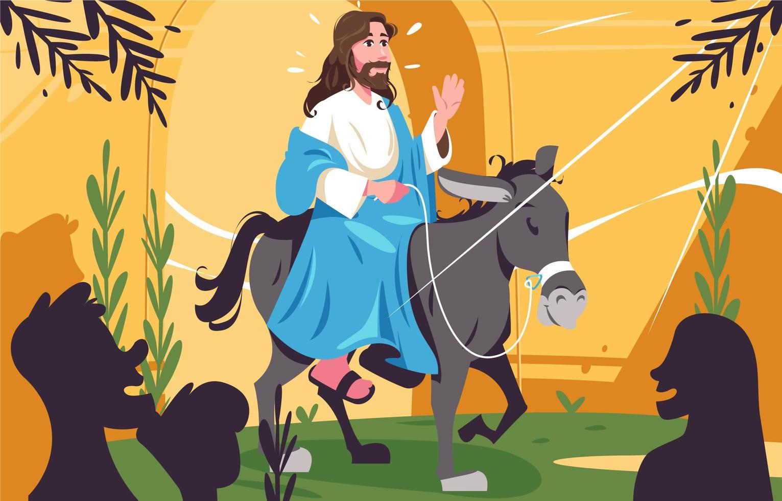 ilustración de la festividad del domingo de ramos con jesús montando burro vector