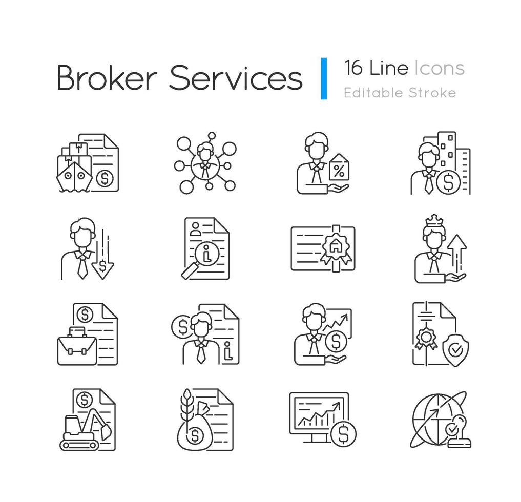 Broker service linear icons set vector