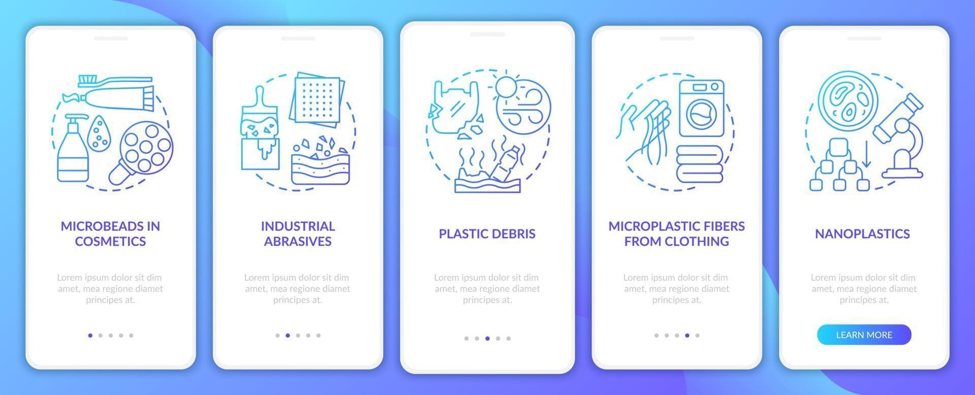 Microplastics sources and types onboarding mobile app page screen with concepts vector