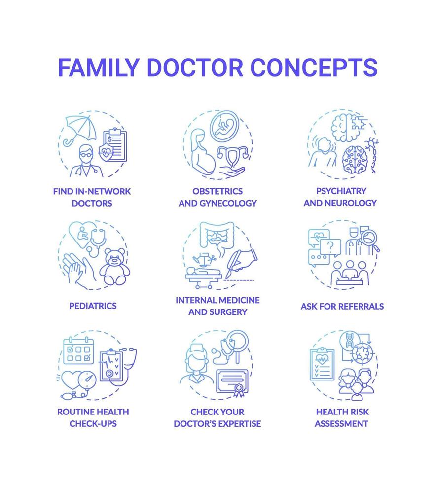 médico de familia, azul, gradiente, concepto, iconos, conjunto vector