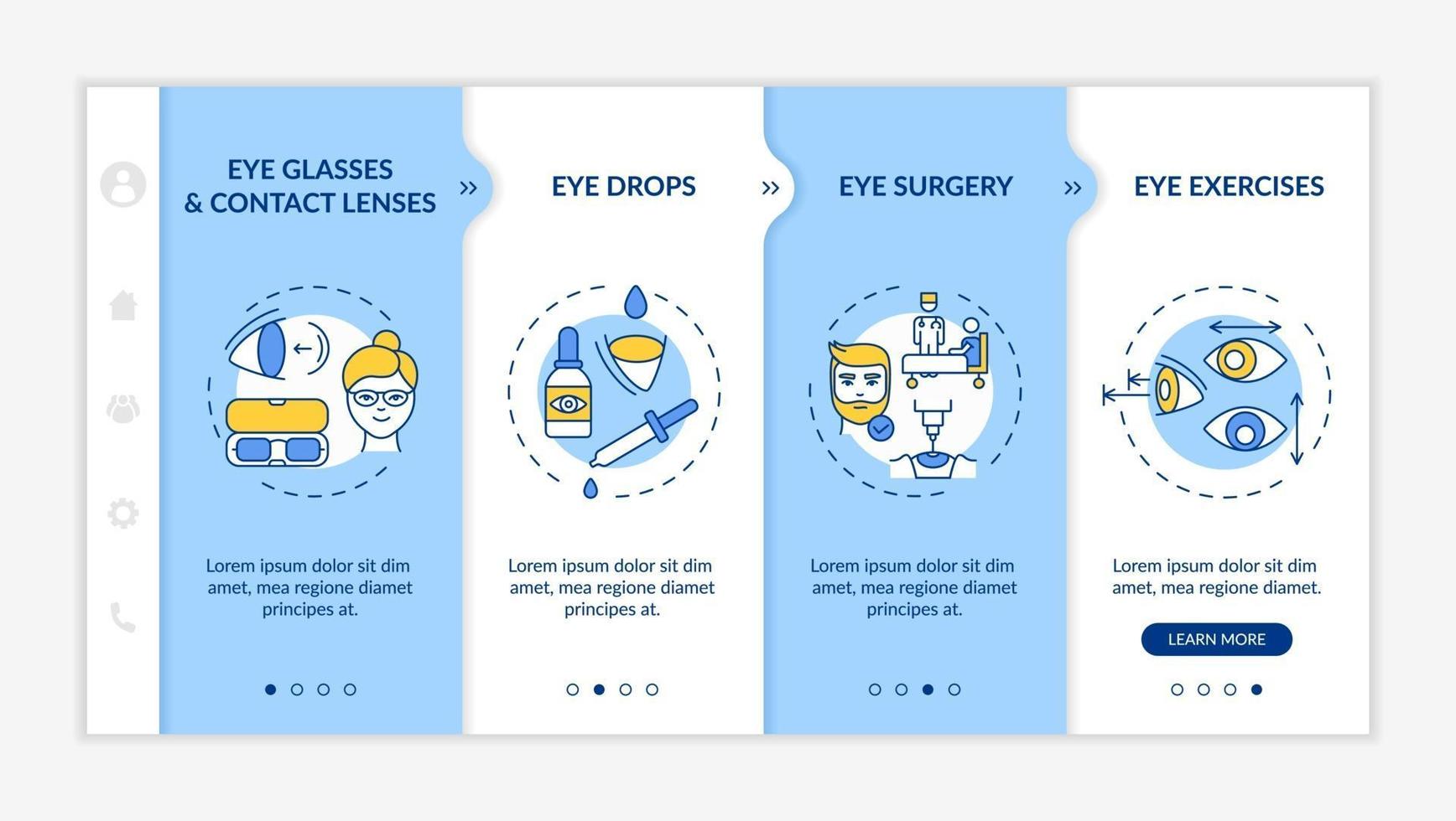 Eye diseases treatment methods onboarding vector template